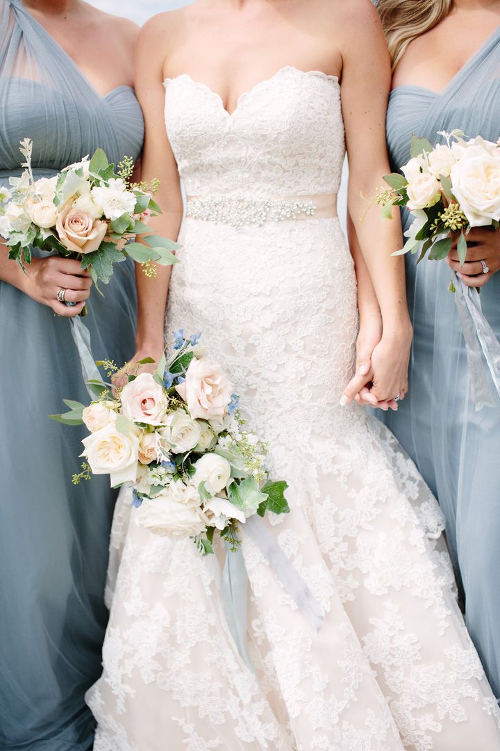 Dusty blue bridesmaid dresses + white and blush wedding bouquets | fabmood.com #beachwedding #dustyblue #dustybluebridesmaids #weddingparty #dustybluebridesmaiddresses