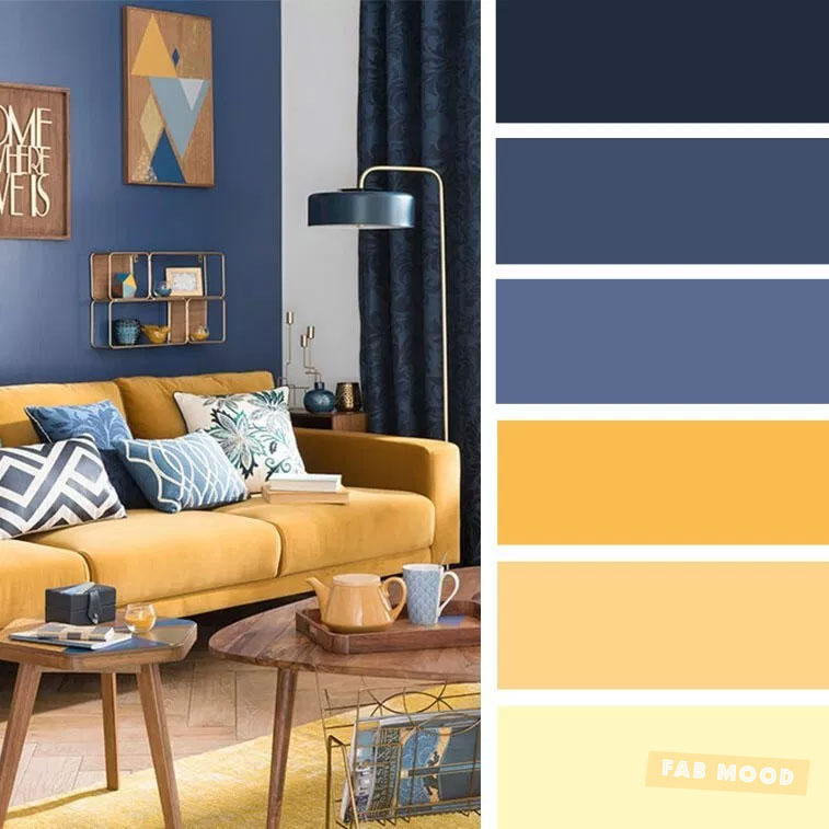 The best living room color schemes - Blue and Mustard Color Palette #colors #colorpalette