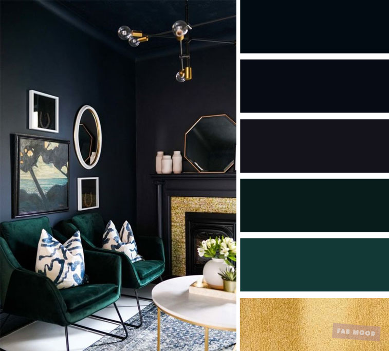 The best living room color schemes – Dark blue, dark green, gold and Blueberry