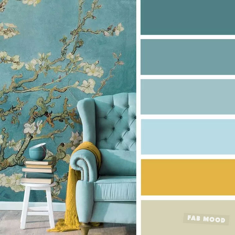 The best living room color schemes - Blue, Turquoise & Mustard Color Palette #color #colorscheme #colorpalette