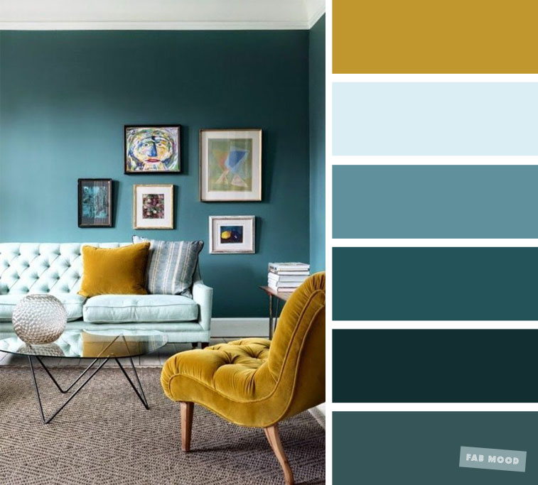 The best living room color schemes – Mustard, Teal and light blue color palette