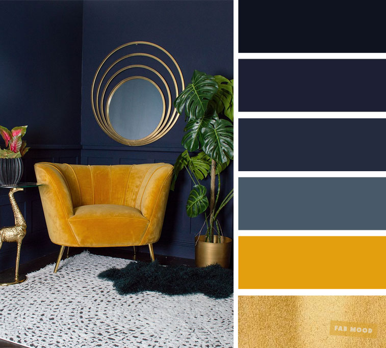 The best living room color schemes - Navy blue + yellow mustard and gold color scheme, elegant looks #color #livingroom #colorschemes