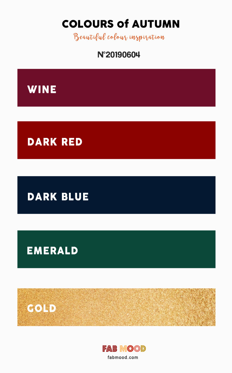 Pretty Autumn Color Palette { Wine + Dark Red + Dark Blue + Emerald and Gold }A pretty colour palette. Colors of autumn, fall color inspiration, colours