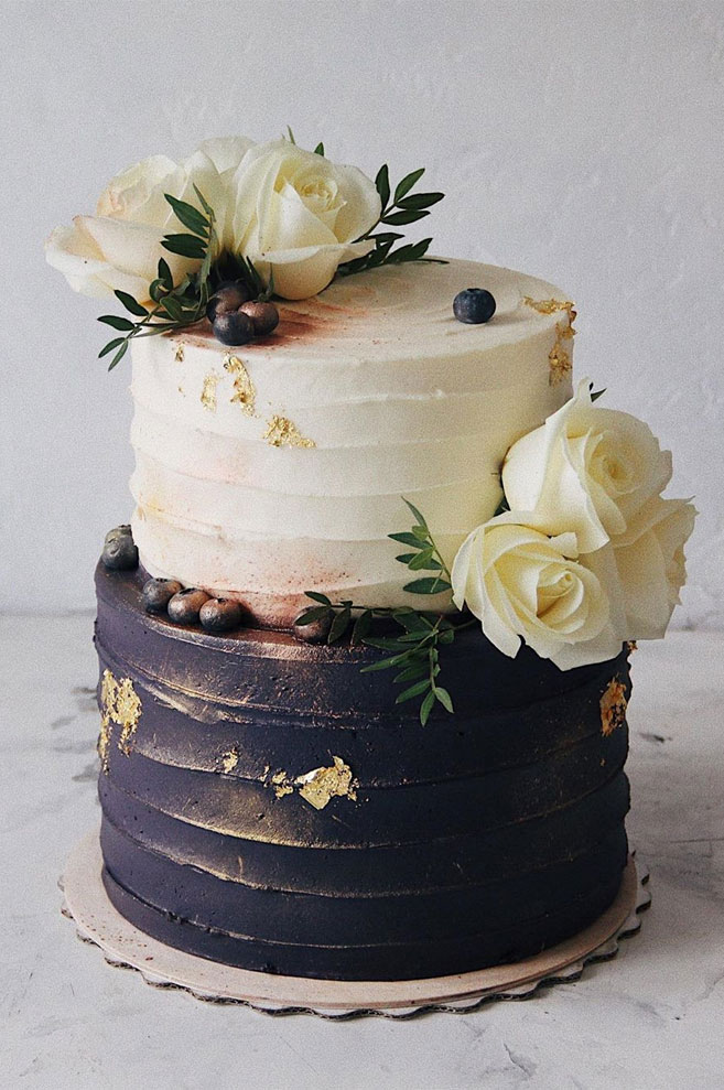 32 Jaw-Dropping Pretty Wedding Cake Ideas - 2 tiered black and white wedding cake with gold leaf, ,Wedding cakes #weddingcake #cake #cakes #nakedweddingcake
