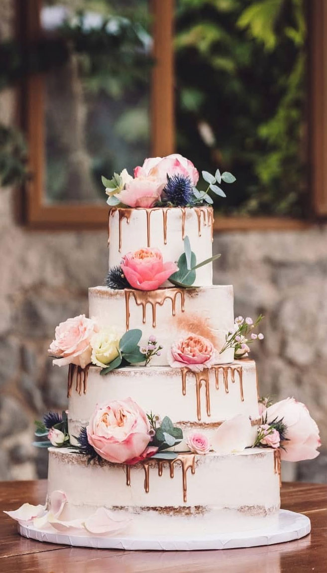 32 Jaw-Dropping Pretty Wedding Cake Ideas - copper gold drip wedding cakes #weddingcake #cake #dripweddingcake