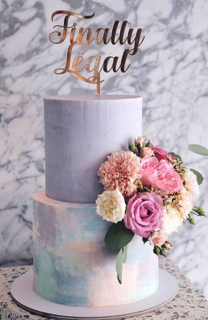 32 Jaw-Dropping Pretty Wedding Cake Ideas - Two tier grey watercolor wedding cake,Wedding cakes #weddingcake #cake #cakes #nakedweddingcake