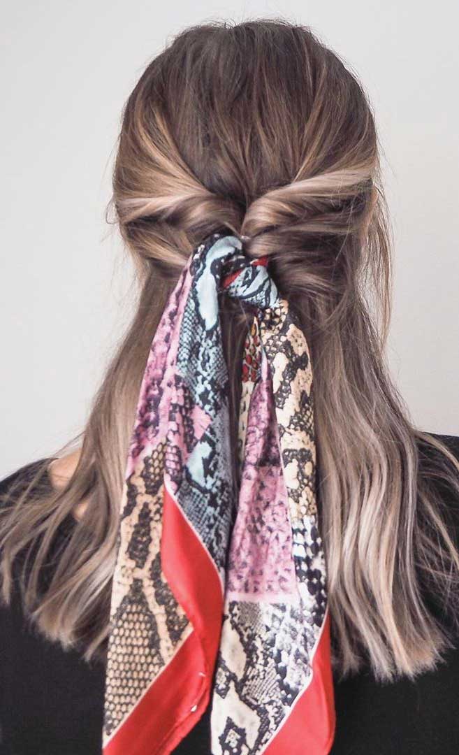 45 Pretty Ways To Style Your Hair With A Scarf, easy hairstyle with scarf , how to wear a hair scarf ponytail, head scarf styles for short hair,cute ways to wear a scarf in your hair #hairscarf #hair #hairstyle #headscarf