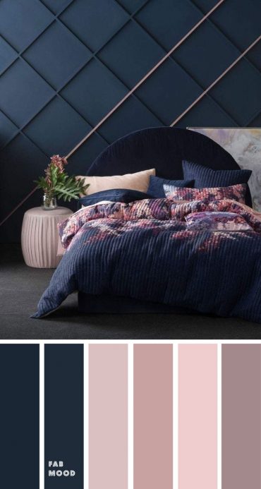 Beautiful bedroom color scheme : Dark blue, mauve and blush