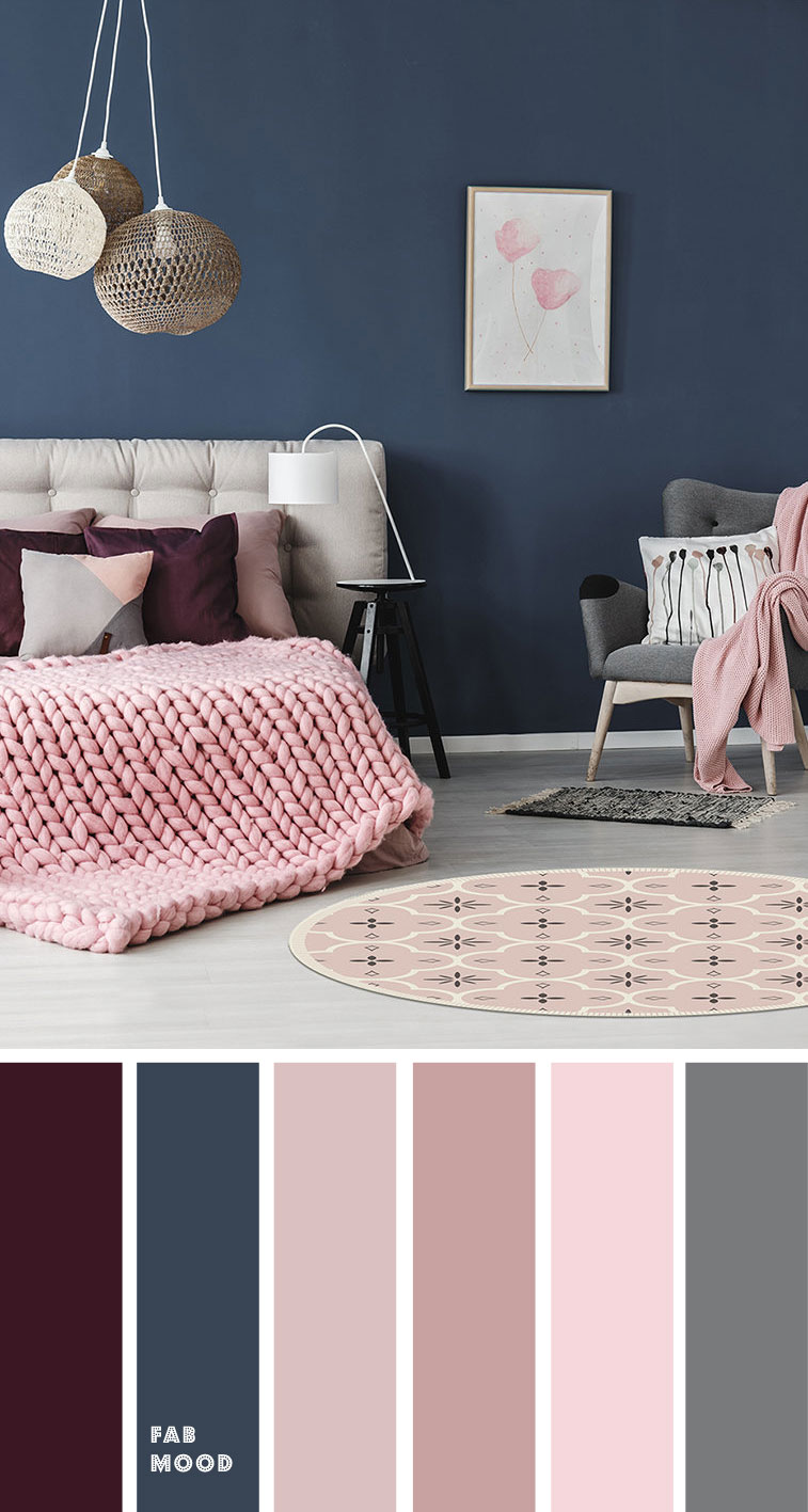 Beautiful bedroom color scheme : Purple + pink + Navy blue with grey accents 