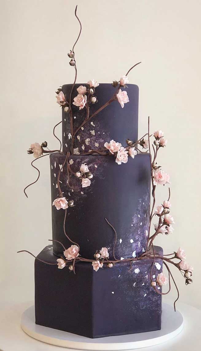 black wedding cake with cherry blossom #moodyweddingcake moody wedding cake
