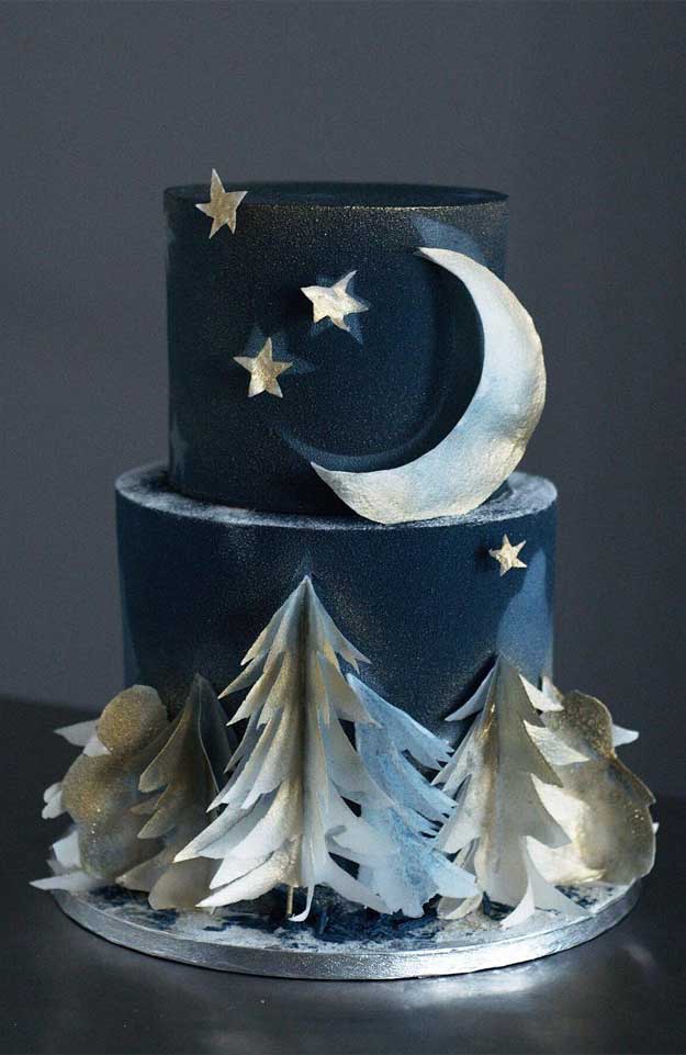 dark blue night sky wedding cake, stars and moon wedding cake #weddingcakes wedding cakes