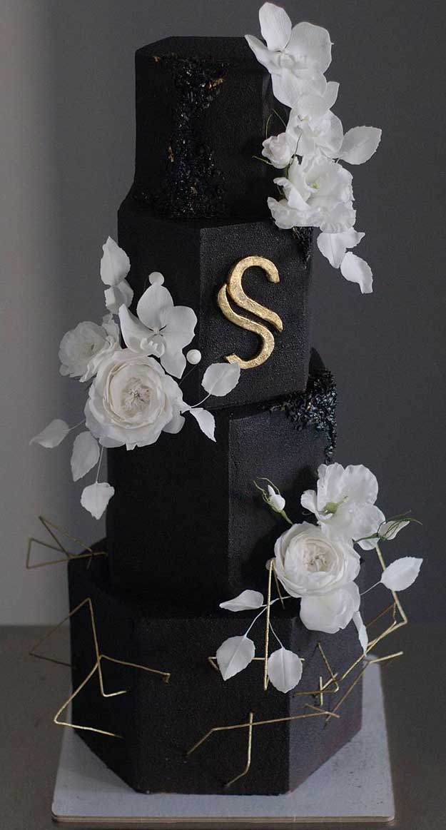 contemporary wedding cakes, black wedding cake, moody wedding cake #weddingcakes