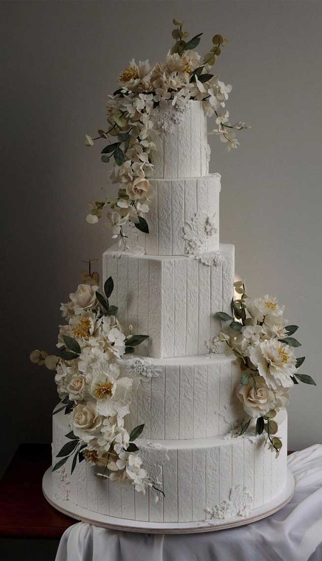 white five tier wedding cake, unique wedding cakes #weddingcakes , wedding cakes, wedding cake ideas