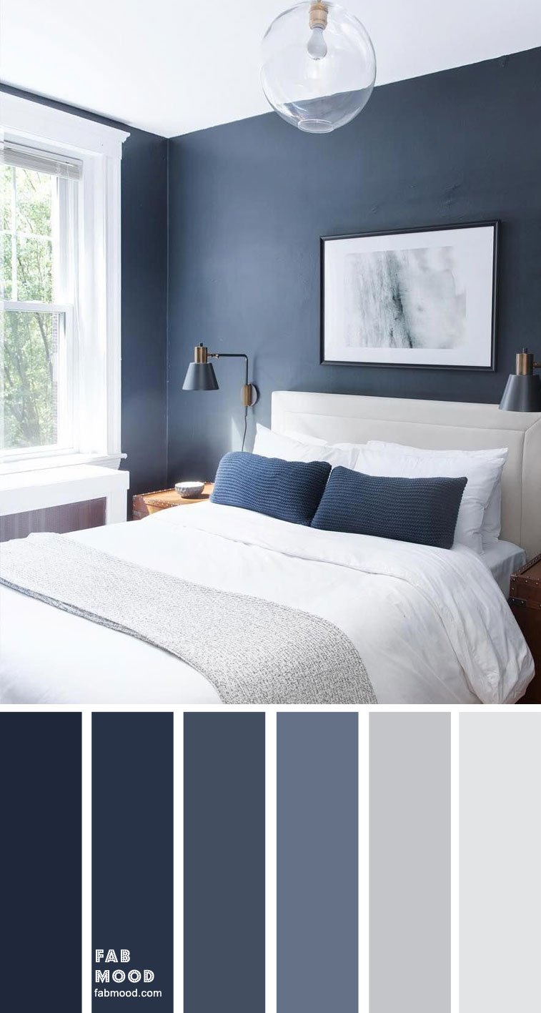 Dark blue and light grey bedroom color scheme