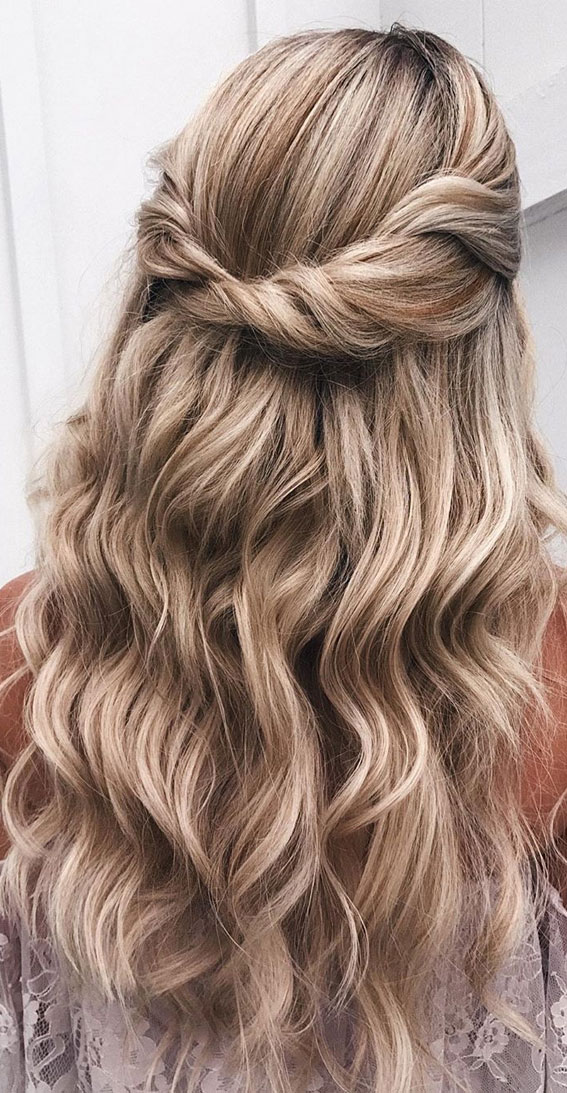 twisted half up half down hairstyles , partial updo hairstyle , half up half down hairstyles wedding, wedding half up half down hairstyles , bridal hair , boho hairstyle #hair #weddinghairstyles #halfuphalfdown half up hairstyles for medium length hair , wedding hairstyles