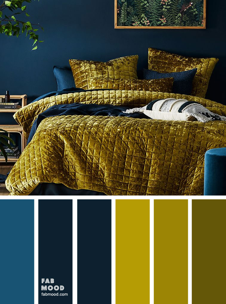 chartreuse and dark blue bedroom color schemes, dark blue bedroom ideas, bedroom decorating ideas with dark blue walls, chartreuse and navy blue bedroom, grey and blue bedroom ideas, navy blue bedroom ideas, what color bedding goes with blue walls, light grey bedroom ideas, dark blue and green beddroom #darkblue #colorpalette #color #navyblue #bedroomcolor