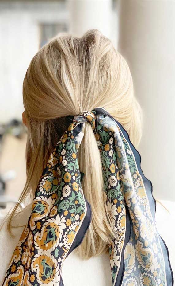 pretty ways to wear a scarf in your hair, easy hairstyle with scarf , hairstyles for really hot weather #hairstyle hair scarf styles, how to style a hair scarf, hair scarf ideas #hairscarf how to wear a hair scarf ponytail, head scarf wrapping styles, hair scarf trend 2020