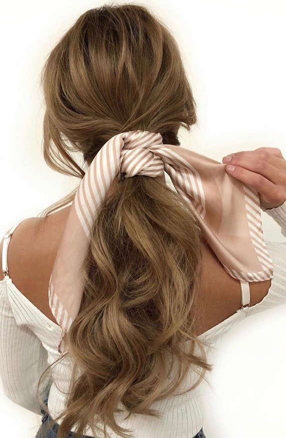 pretty ways to wear a scarf in your hair, easy hairstyle with scarf , hairstyles for really hot weather #hairstyle hair scarf styles, how to style a hair scarf, hair scarf ideas #hairscarf how to wear a hair scarf ponytail, head scarf wrapping styles, hair scarf trend 2020, hair scarf, messy ponytail hairstyle, ponytail hairscarf, hairstyle