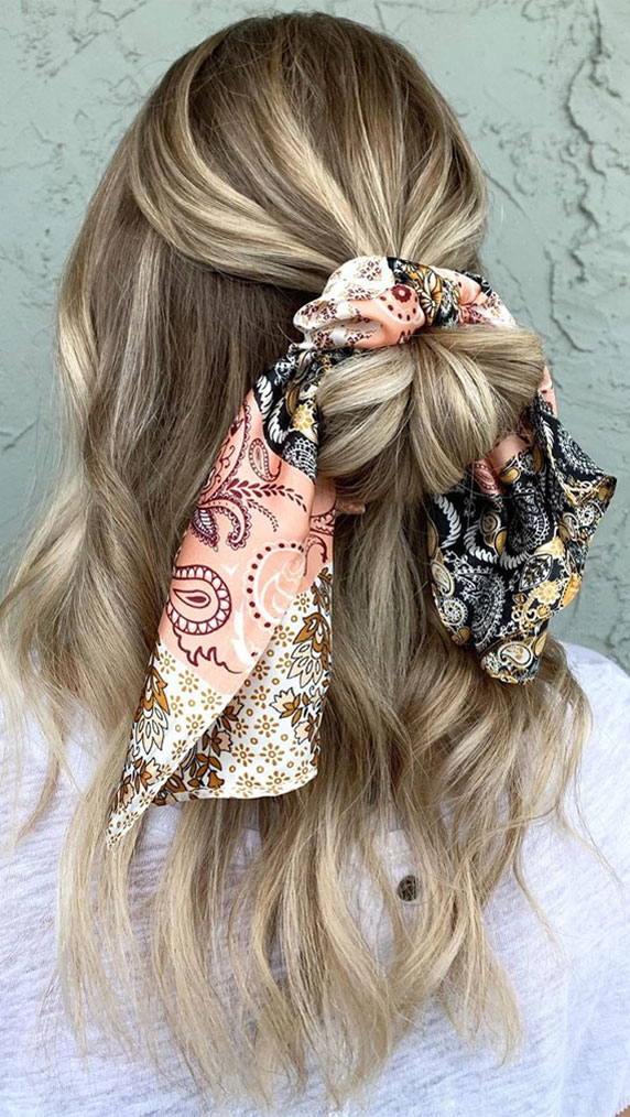 #hairstyle hair scarf styles, how to style a hair scarf, hair scarf ideas #hairscarf how to wear a hair scarf ponytail, head scarf wrapping styles, hair scarf trend 2020, hair scarf, half up hair style , half up hair scarf