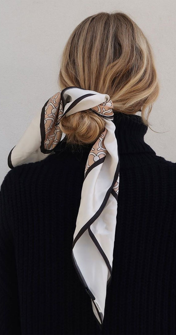 pretty ways to wear a scarf in your hair, easy hairstyle with scarf , hairstyles for really hot weather #hairstyle hair scarf styles, how to style a hair scarf, hair scarf ideas #hairscarf how to wear a hair scarf ponytail, head scarf wrapping styles, hair scarf trend 2020, hair scarf, low bun hair scarf