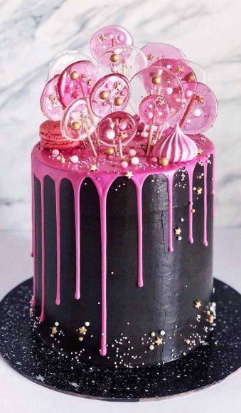 54 Jaw-Droppingly Beautiful Birthday Cake : Black cake with pink icing drip