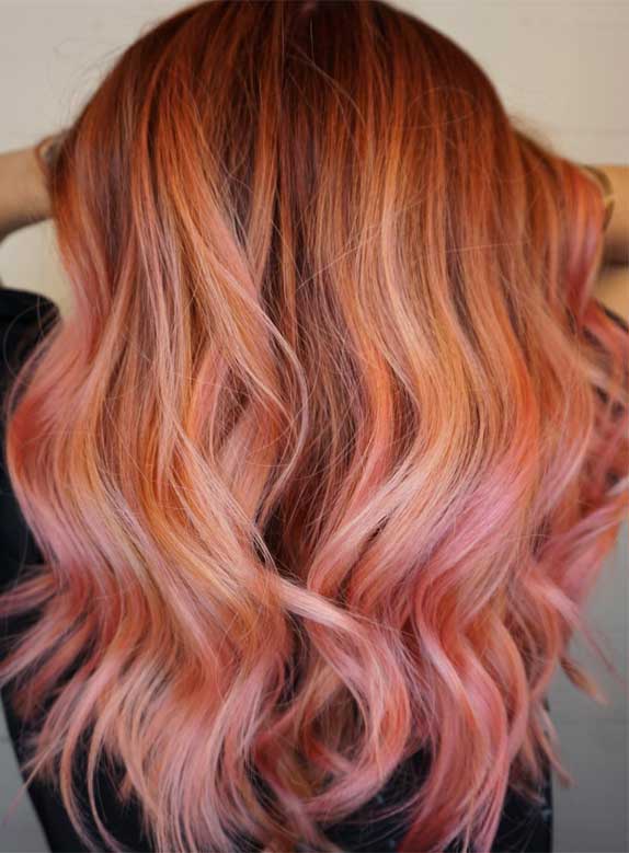 best hair color, hairstyle #haircolor #hairstyle brown hair, ombre hair , balayage hair , hair color ideas, hair color, brown hair with highlights , salmon sushi hair color, pink blonde hair color, salmon pink hair color, salmon hair , pastel hair color, pink highlights, salmon pink balayage, peach hair