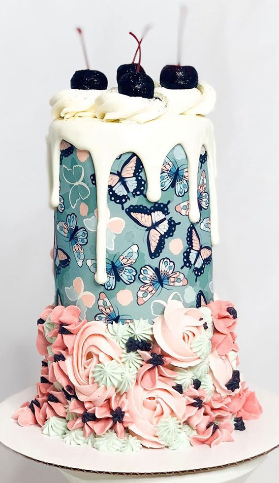 butterfly hand painted cake, icing dripped cake, cake ideas, cake designs, birthday cake, cake inspiration, cake trends 2020 , buttercream cake #cakedesign #cakeideas