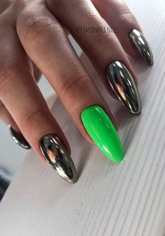 chrome nails, neon green and chrome effect nails, almond shaped nails