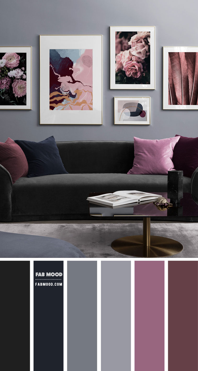 Charcoal living room color scheme with plum accents