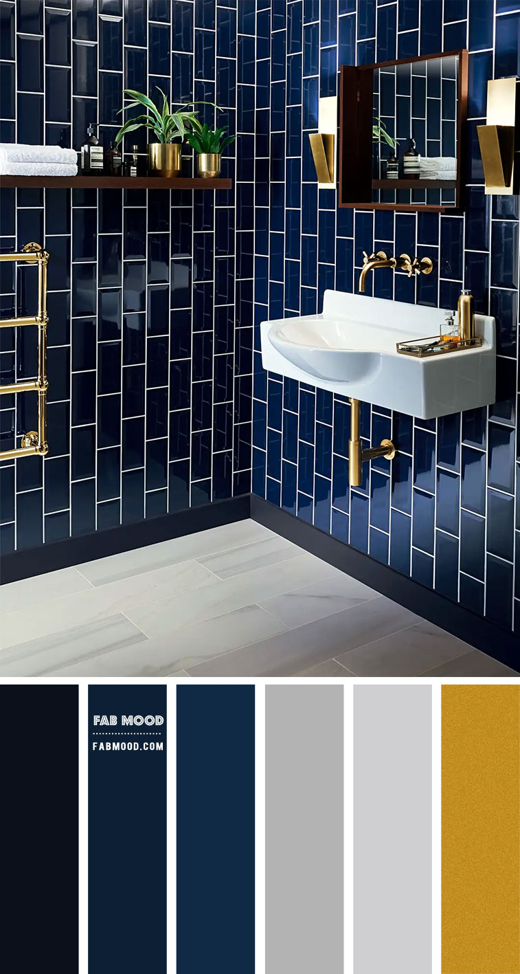 deep blue bathroom, dark blue and gold bathroom, navy blue and gold bathroom color scheme, dark blue color scheme, dark blue color palette