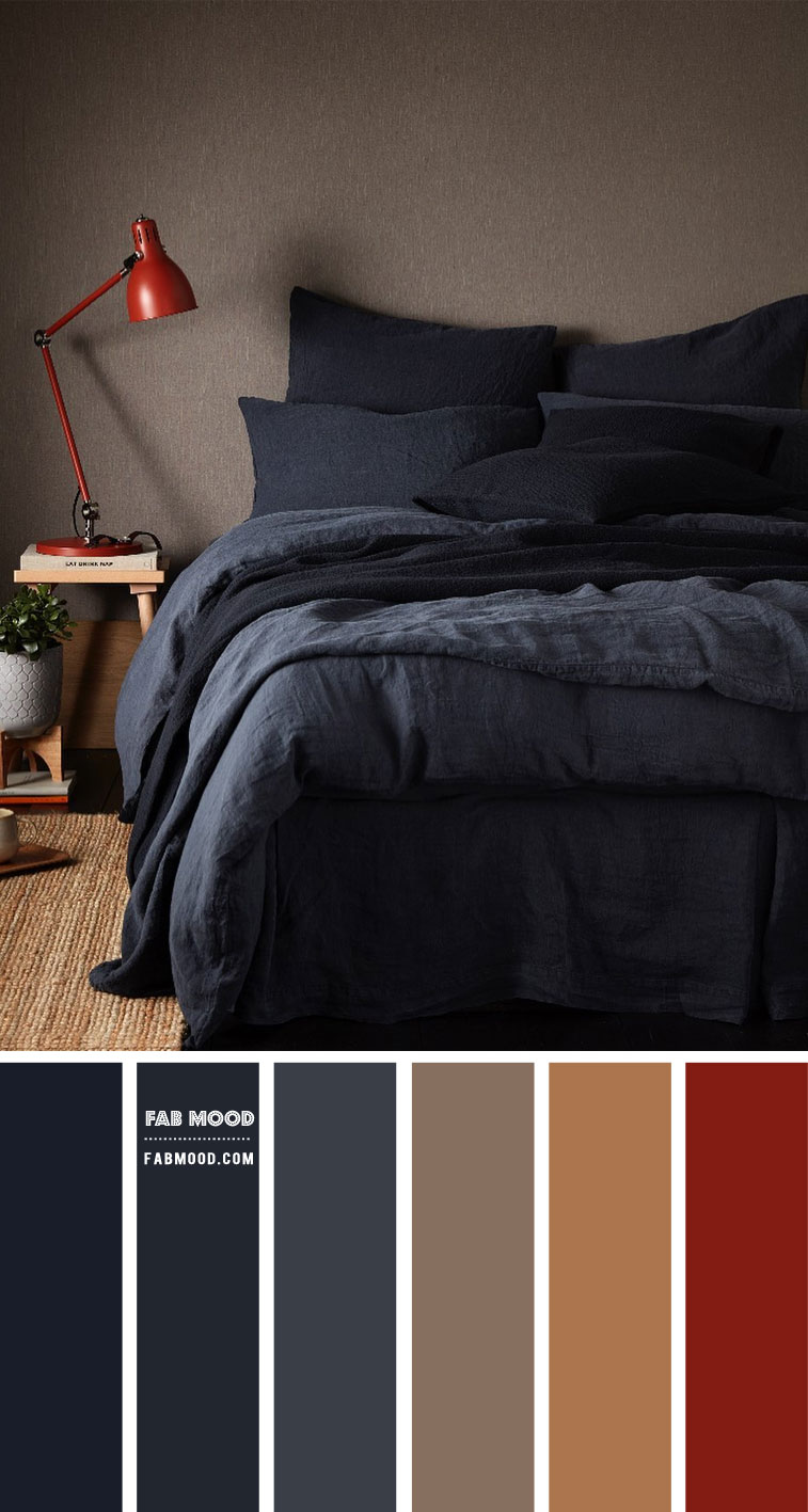 dark blue and warm taupe bedroom, brown grey bedroom, earth tone bedroom, bedroom color ideas, dark blue bedroom, bedroom color palette #bedroom #bedroomcolors #colorscheme