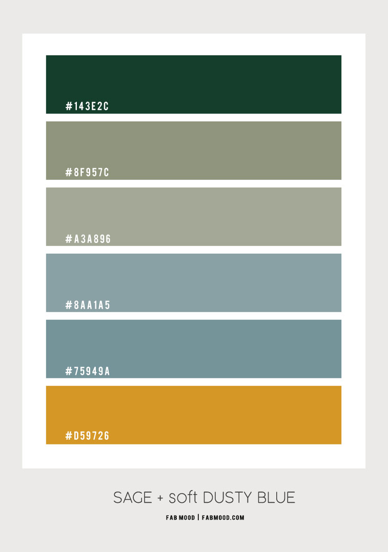 sage and blue color scheme, sage and soft blue color scheme, green and dusty blue color scheme, blue and mustard color combo, sage and mustard color combo