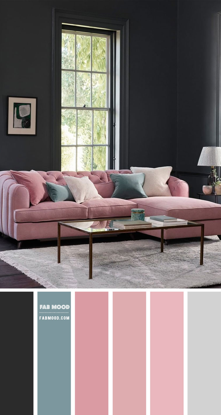 charcoal and pink living room, pink living room, pink and grey color combo, pink color combination, pink color palette, pink and charcoal color palette #livingroom #pinkroom #charcoalwall 