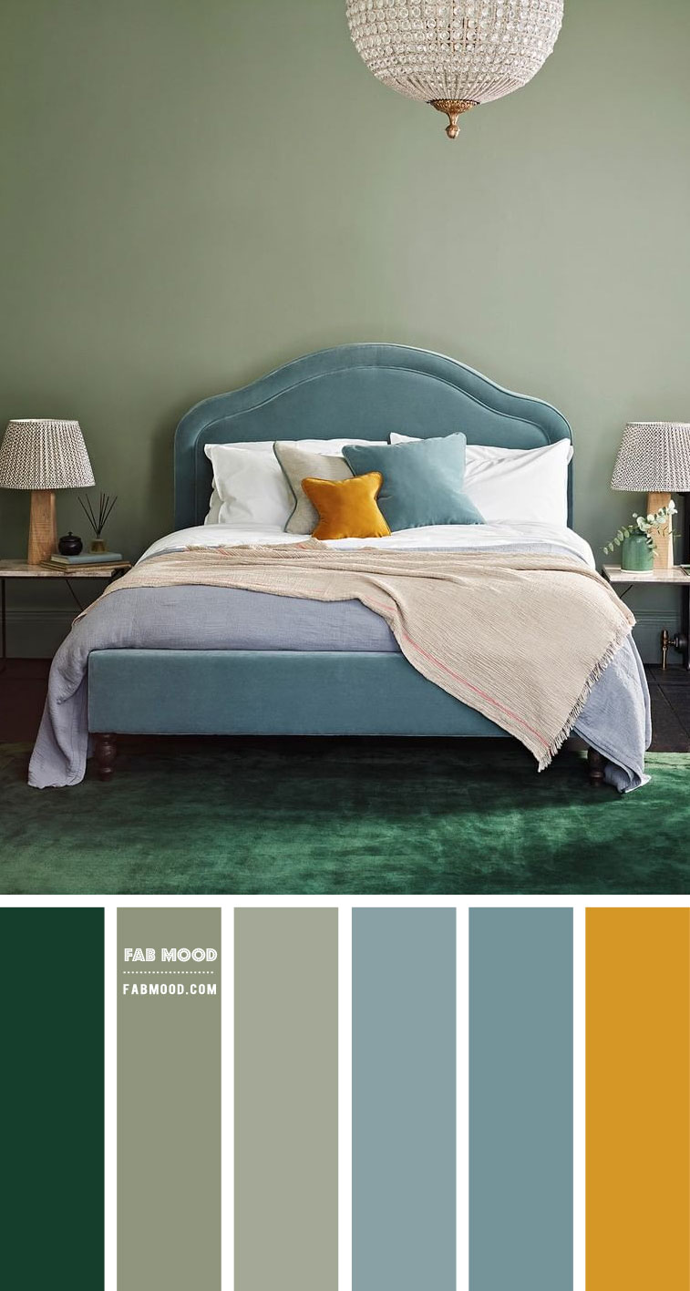 Sage and Soft Blue Bedroom with mustard accents