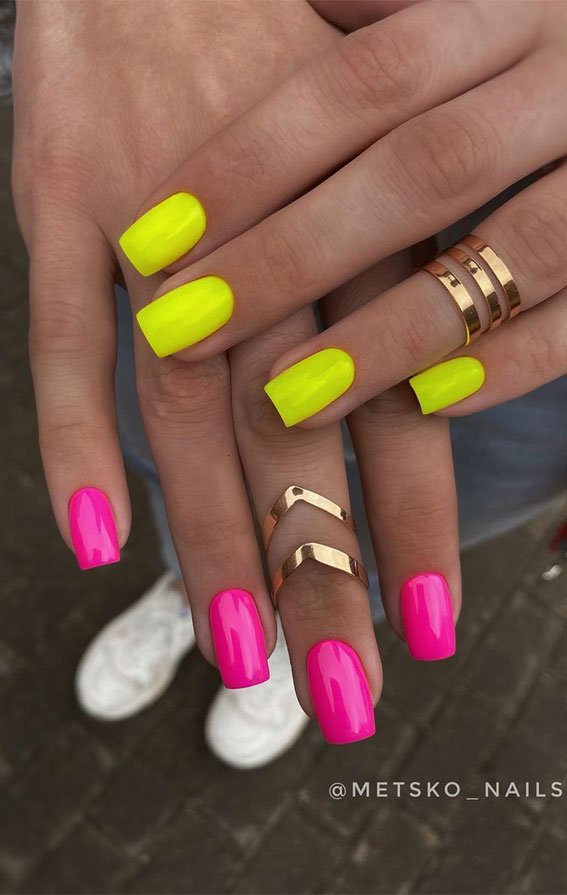 two different color nails on each hand, ombre nails, nail designs, two tone neon nails, two tone nail polish, acrylic nails, two tone nail polish pink, two tone acrylic nails