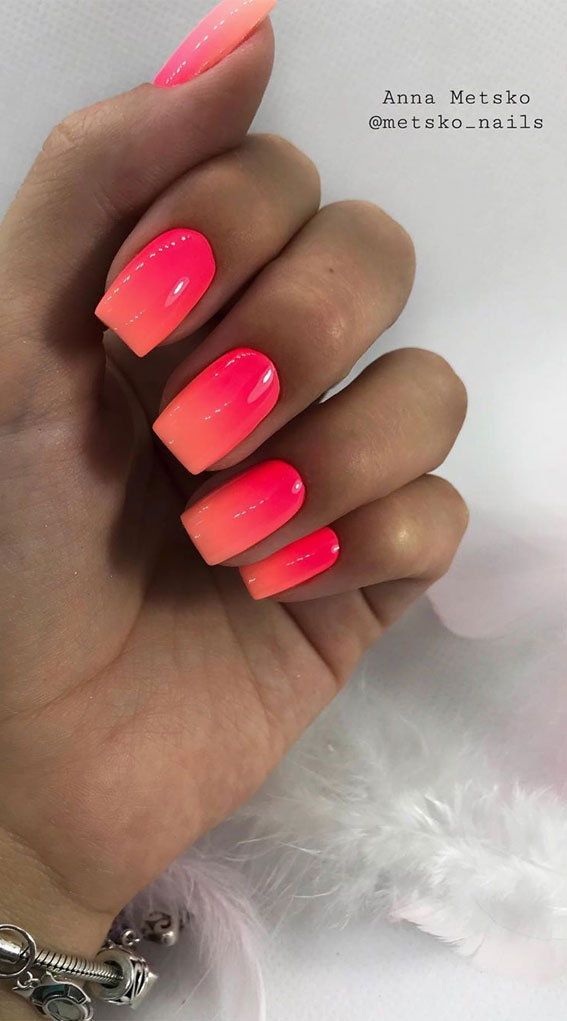 #9. Ombre coral and pink nails Ombre neon nail colors are in fashion righ.....