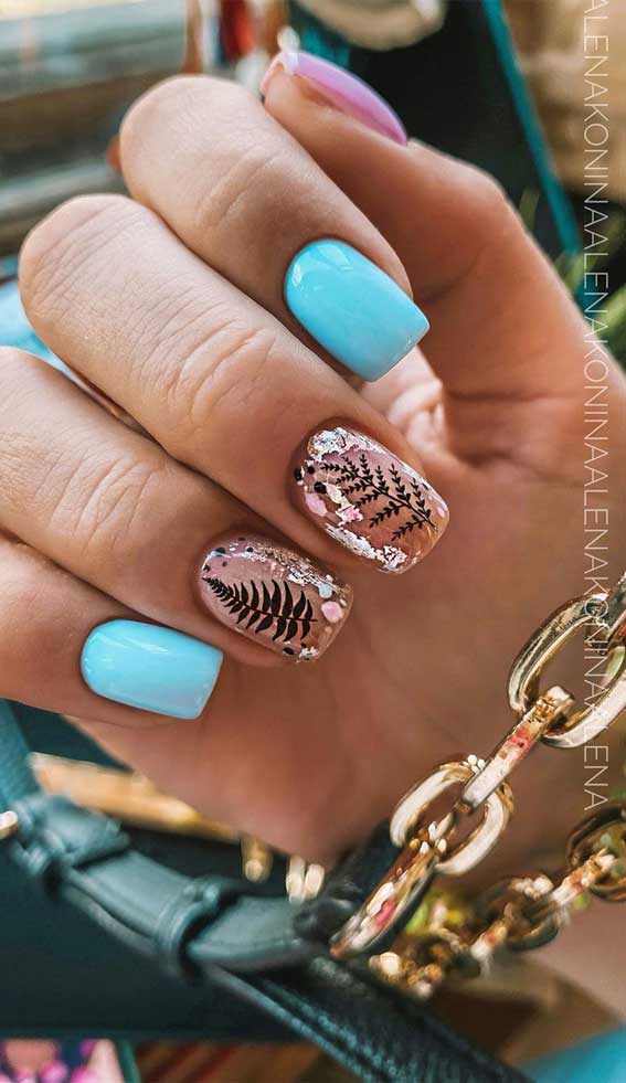 50 + Cute Summer Nail Ideas For 2020 – Baby blue and leaf