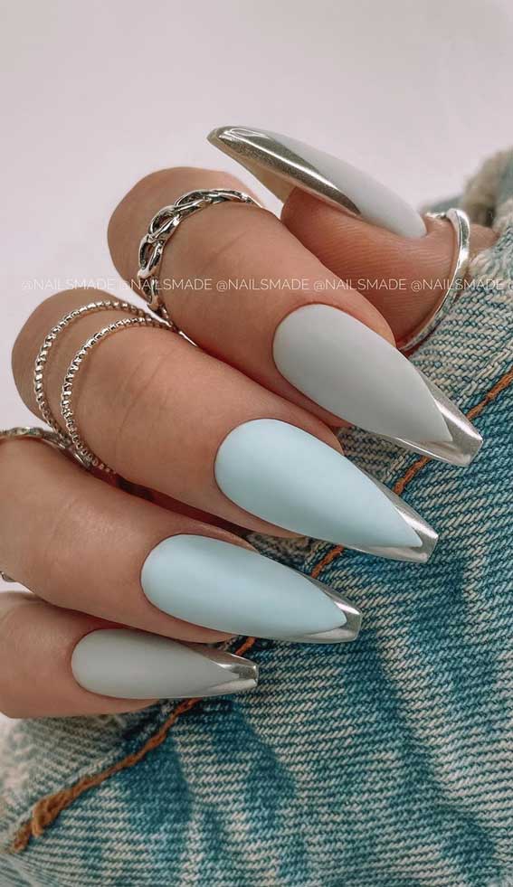 french coffin nails with metallic, french coffin nails. baby blue french coffin nails with glitter, french coffin long nails with glitter, nail art designs, nail art 