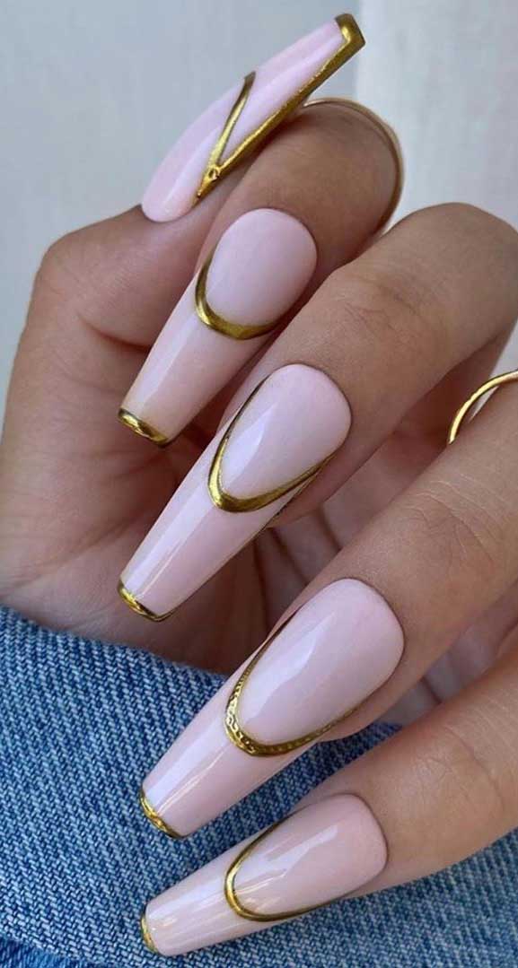 57 Pretty Nail Ideas The Nail Art Everyone’s Loving – Pink and gold line nails