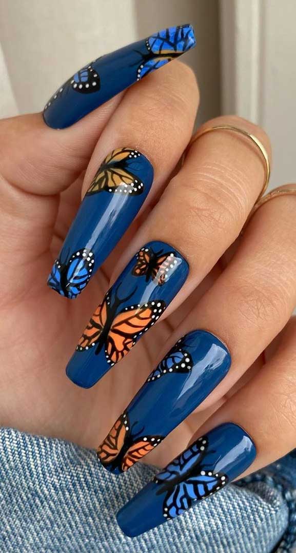 butterfly nails, summer nails , blue nails, dark blue nails, butterfly painted nails #nailart #summernails 