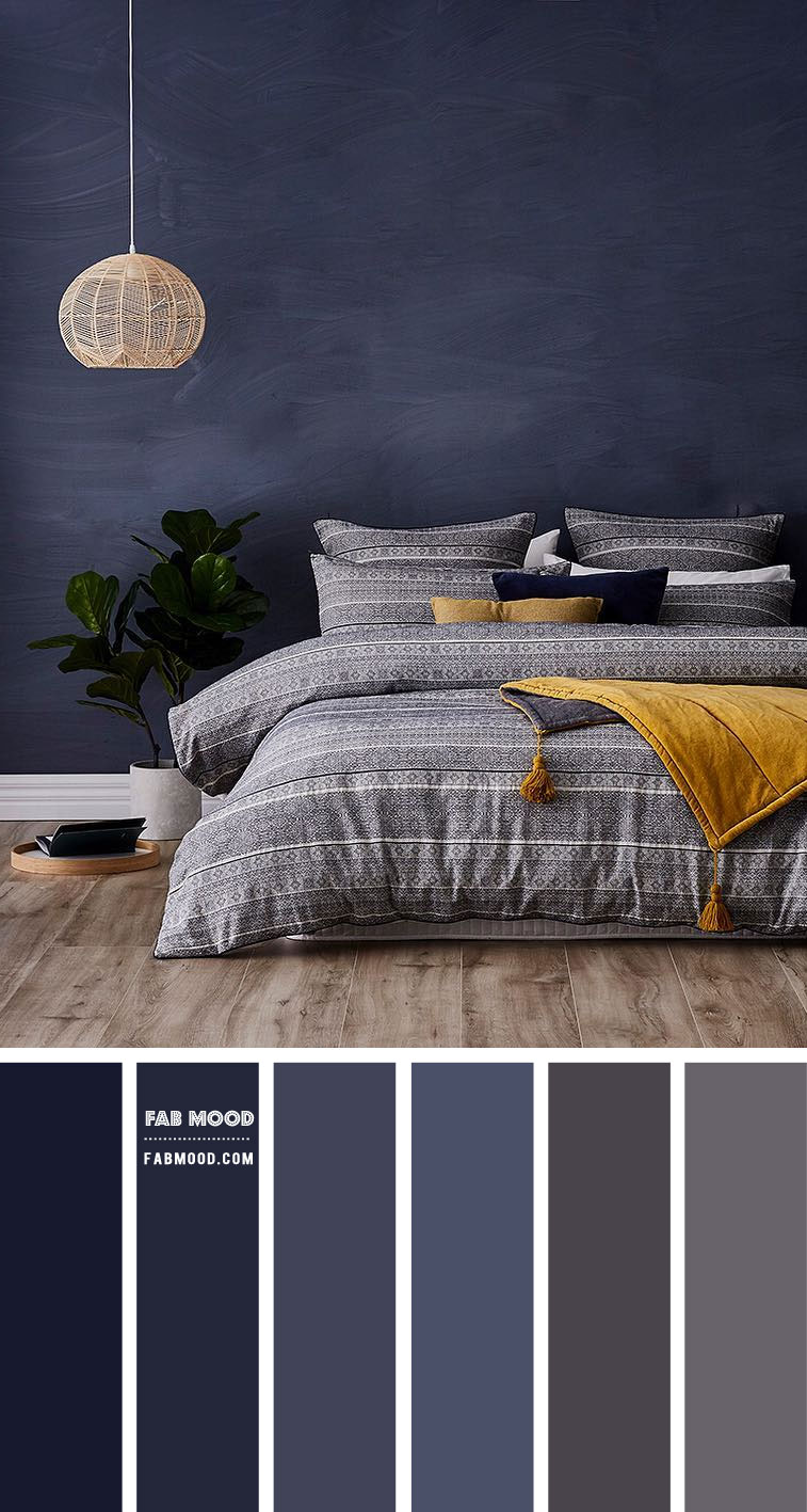 Dark blue and grey bedroom