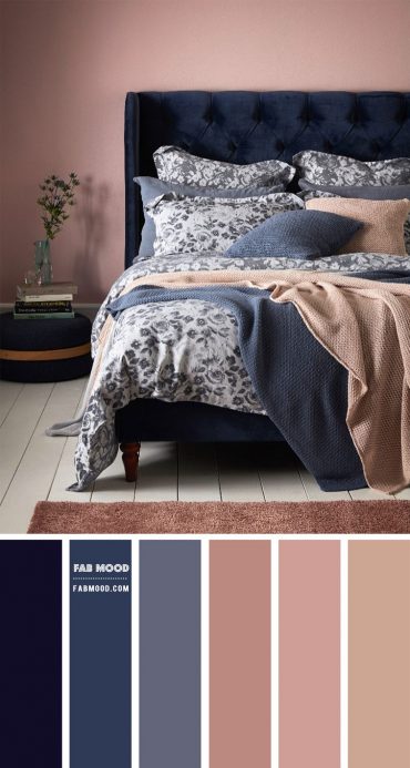 Midnight Blue, Blue Grey and Mauve Bedroom Color Scheme