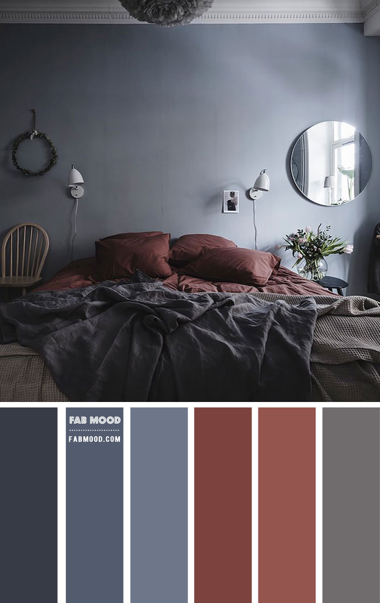 blue grey and brown red bedroom, bedroom colour, bedroom colour scheme, bedroom colour ideas