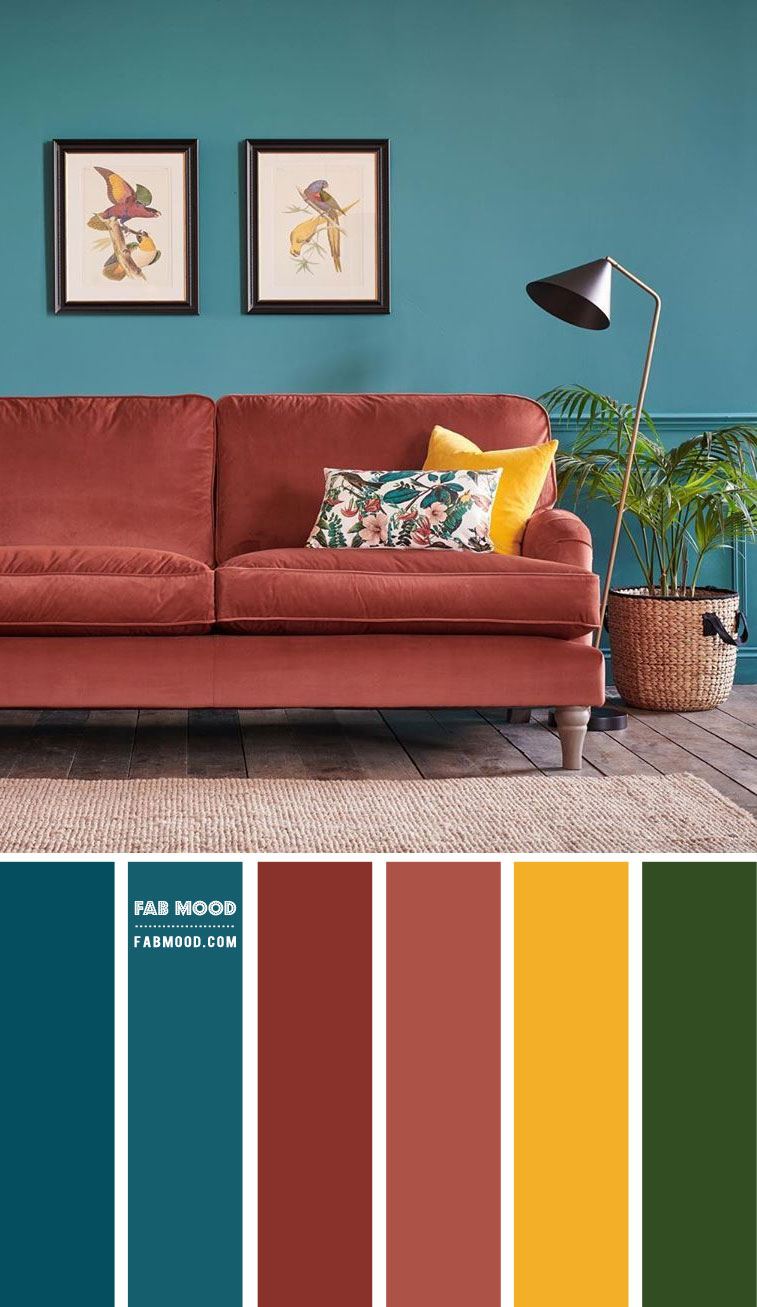 brick and teal, brick and teal living room, teal and terracotta living room, teal living room wall, teal living room, burnt orange and teal living room, mustard and teal living room, brick color sofa, teal and brick color scheme, teal and brown living room #livingroom #livingroomcolor #livingroomwall #sienna #terracotta #mustard