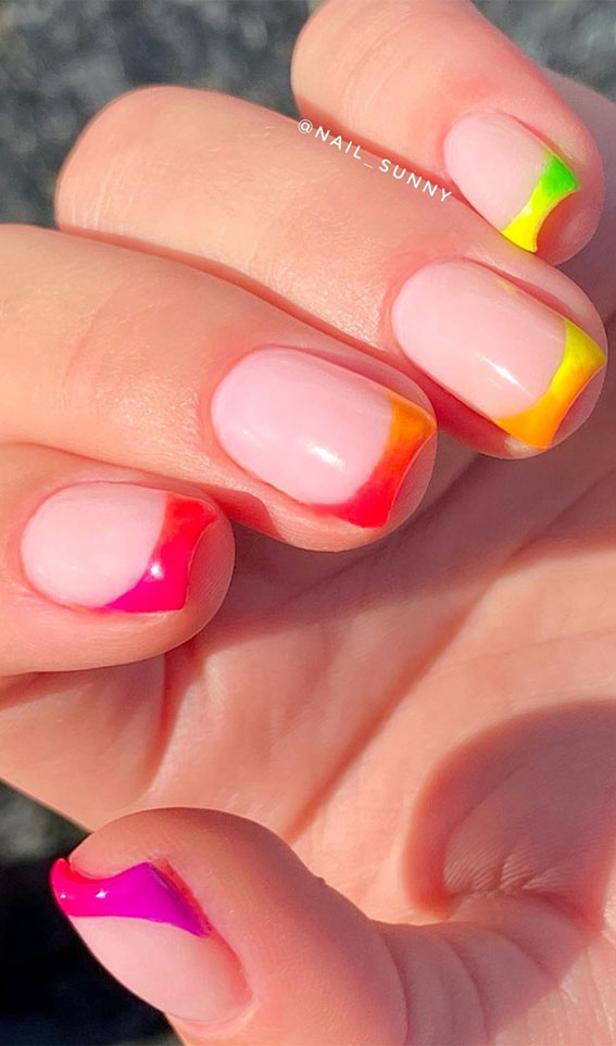 neon french tips, neon nails, chic nails , nail art ideas , nail designs for summer, nails design 2020, tie dye nails, best summer nails #nailart #naildesigns