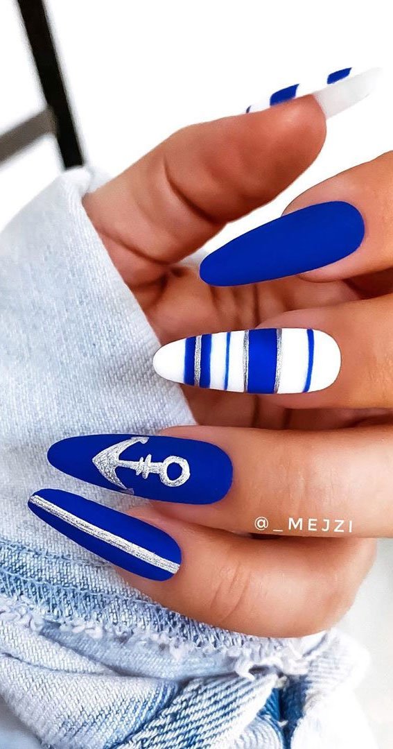 beach themed nails, beach nail ideas, blue and white striped nails #nailart #summernails summer nails