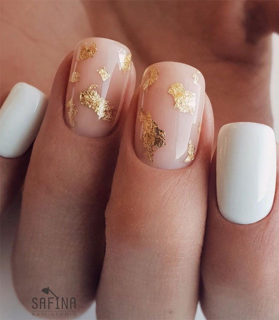 short nails, gold leaf nails, nail art , nail design