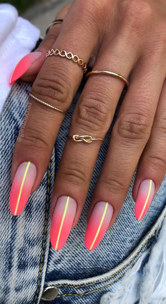 39 Chic Nail Design Ideas For Summer Ombre Coral And Yellow Lines