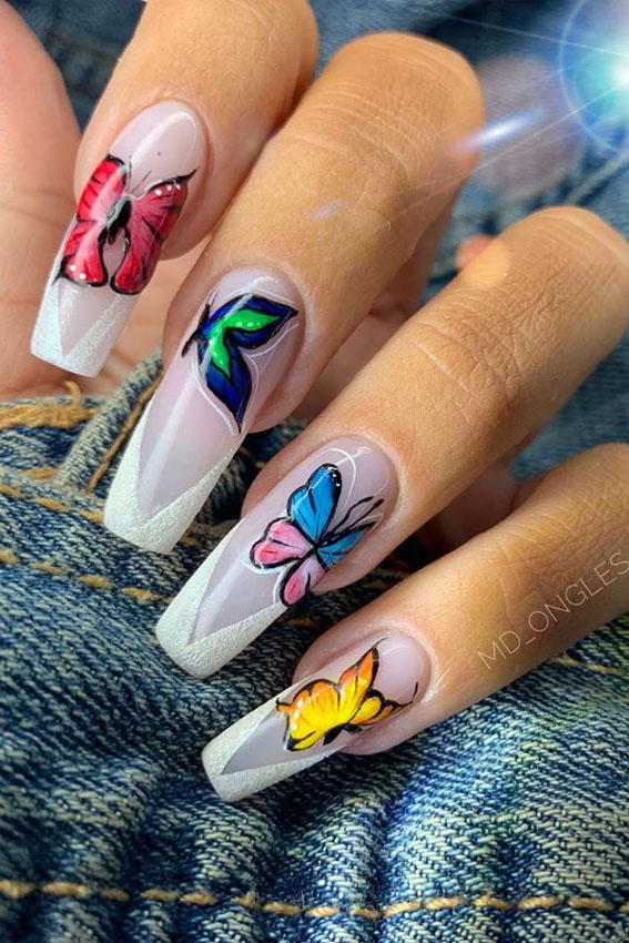57 Pretty Nail Ideas The Nail Art Everyone’s Loving – Butterfly on French Mani