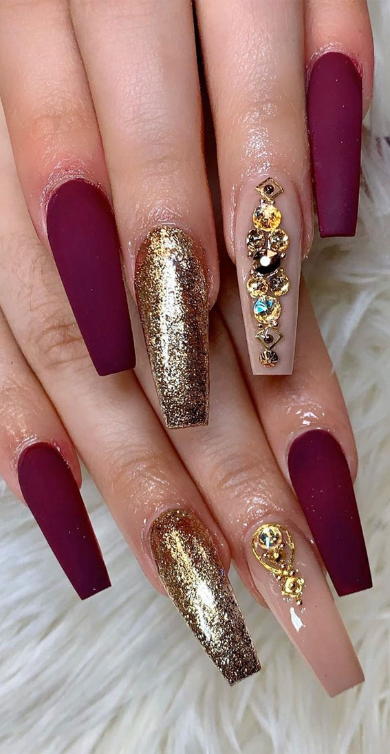 fall nails, purple and gold nails, autumn nail ideas, acrylic nails #fallnails #fallnailsdesign